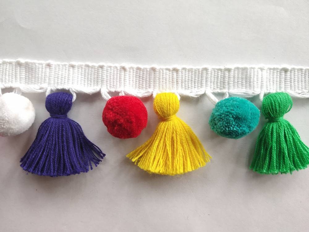 tassel and trims, tassel trim, pom pom trim, trims by the yard, lace, trim, Indian trim, home decor, trimming, pom poms, tassel, trimmings