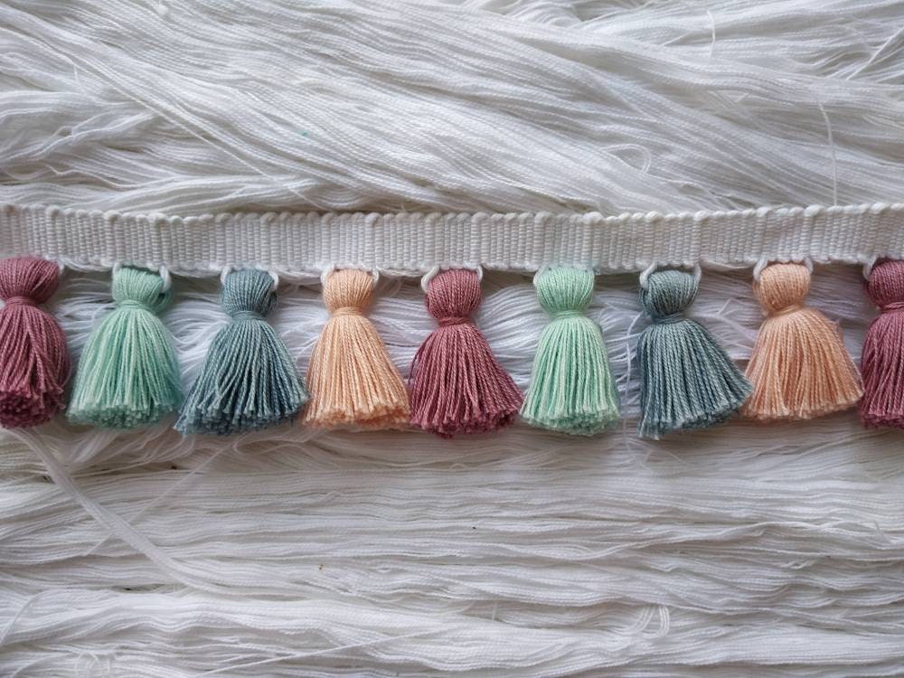 multi colored tassel fringe trim, tassel trim, tassel trim by the yard, tassel fringe, trim for cushions, trim for curtains, fringe trim