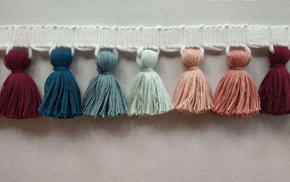 multi colored tassel fringe trim, tassel trim, tassel trim by the yard, tassel fringe, trim for cushions, trim for curtains, fringe trim