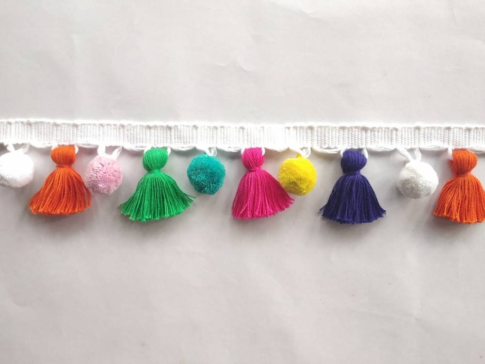 tassel and trims, tassel trim, pom pom trim, trims by the yard, lace, trim, Indian trim, home decor, trimming, pom poms, tassel, trimmings