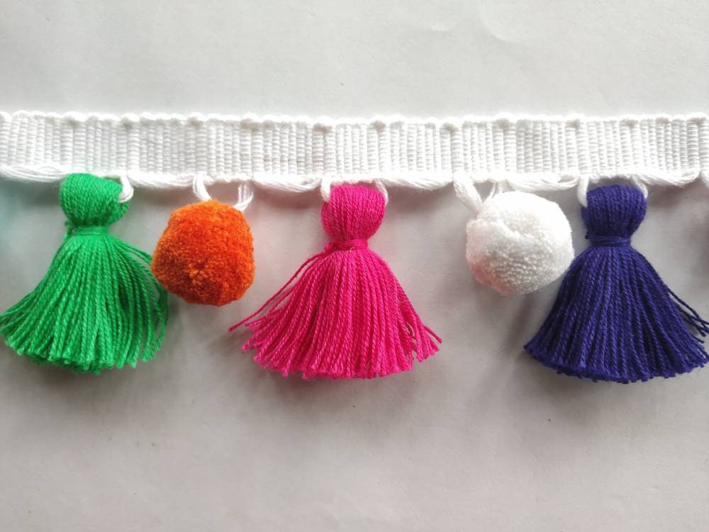 tassel and trims, tassel trim, pom pom trim, trims by the yard, lace, trim, Indian trim, home decor, trimming, pom poms, tassel, trimmings