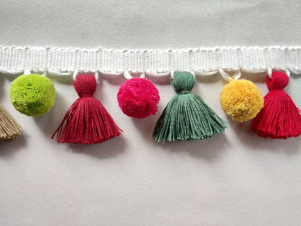 tassel and trims, tassel trim, pom pom trim, trims by the yard, lace, trim, Indian trim, home decor, trimming, pom poms, tassel, trimmings