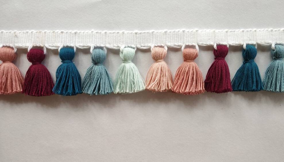 multi colored tassel fringe trim, tassel trim, tassel trim by the yard, tassel fringe, trim for cushions, trim for curtains, fringe trim