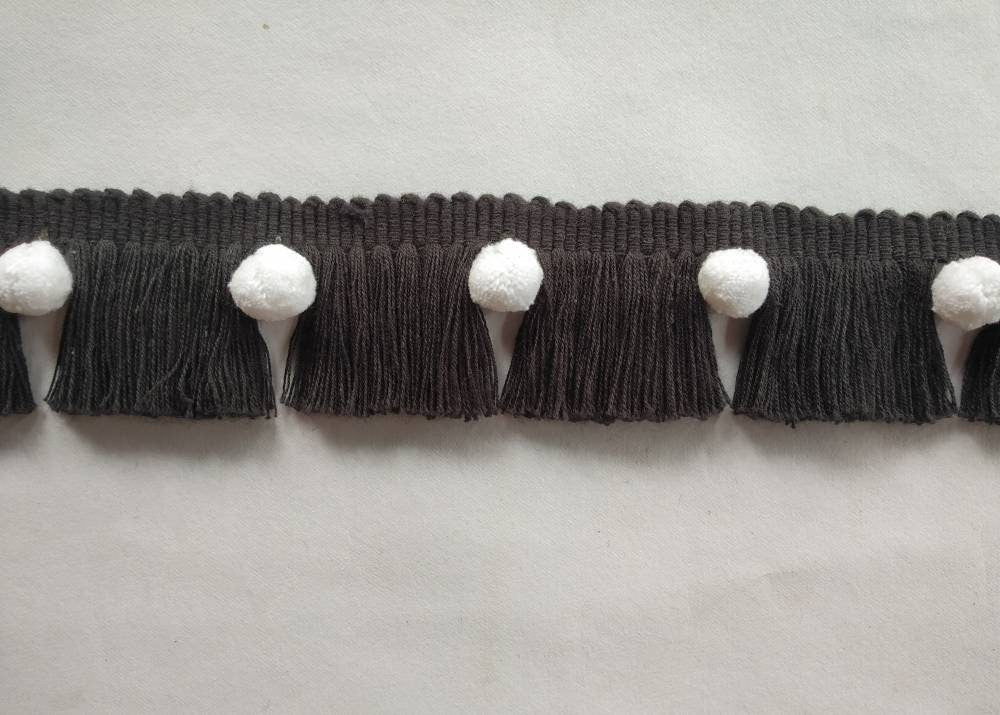 black brush fringe with white pom poms, black trims, black fringes, white pom poms, trimming