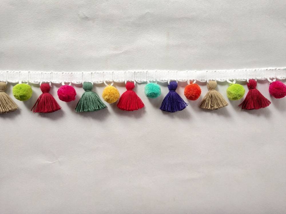 tassel and trims, tassel trim, pom pom trim, trims by the yard, lace, trim, Indian trim, home decor, trimming, pom poms, tassel, trimmings