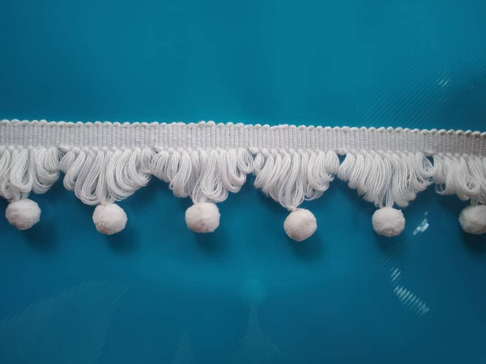 White pom poms, white fan edge trim, fan edge trim, fan trim, fringe trim, decorative trims, lace and trims