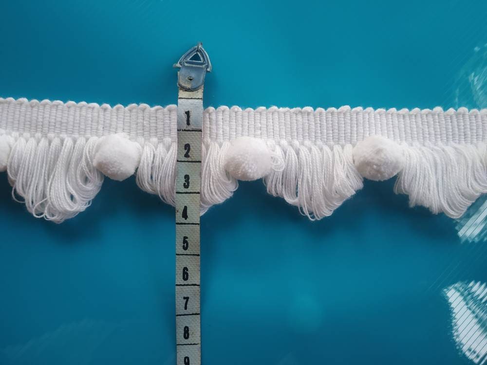 white pom pom fan edge trim, white pom poms, white fan edge trim