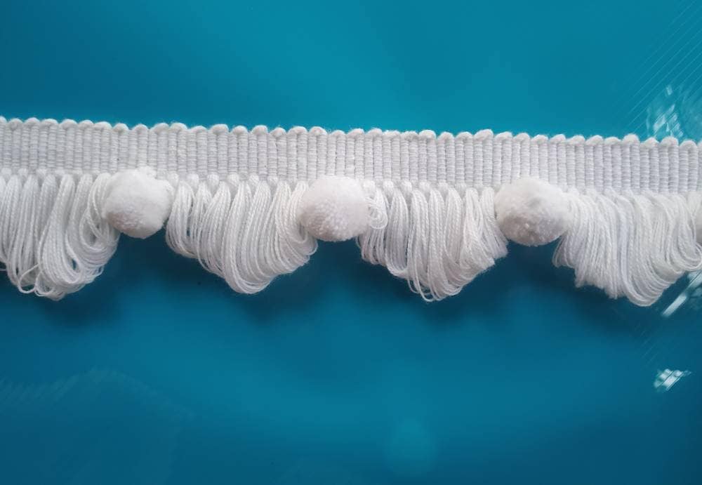 white pom pom fan edge trim, white pom poms, white fan edge trim