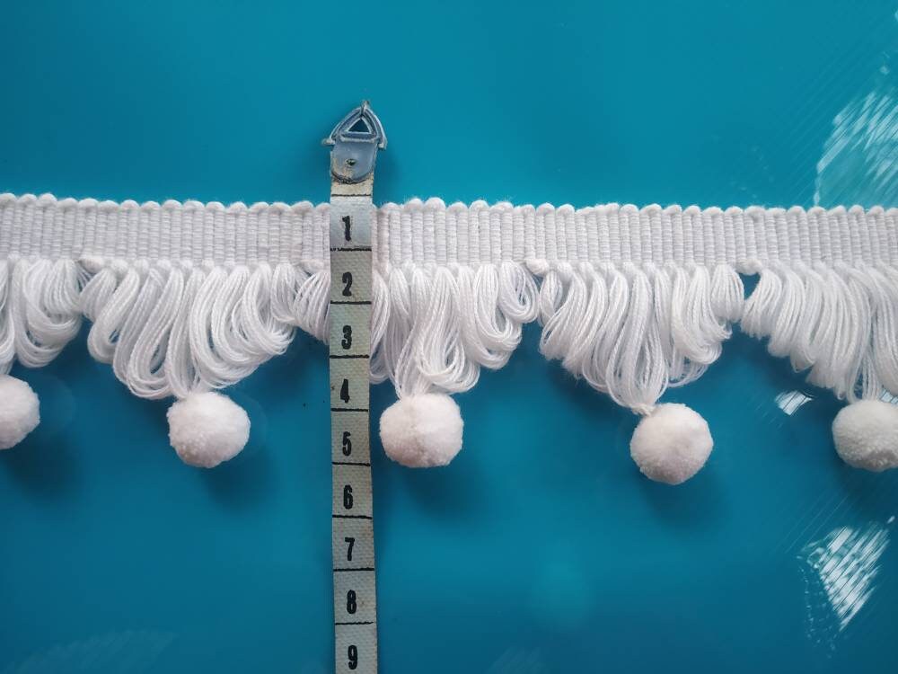 White pom poms, white fan edge trim, fan edge trim, fan trim, fringe trim, decorative trims, lace and trims