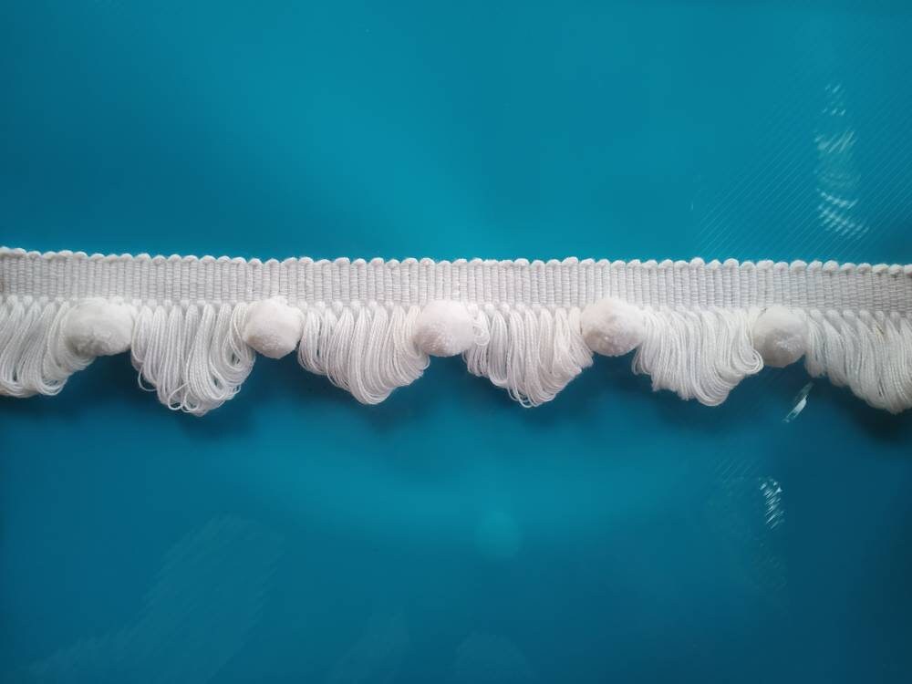white pom pom fan edge trim, white pom poms, white fan edge trim