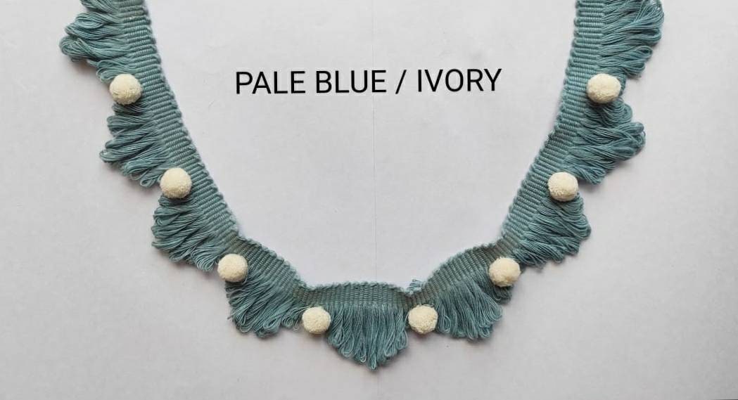 Looped fringe trim, pale blue fan edge trim, ivory pom pom trim, fan edge pom pom trim, lace trim, fur trim, trim, pom pom trim, tassel trim