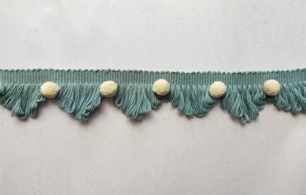 Looped fringe trim, pale blue fan edge trim, ivory pom pom trim, fan edge pom pom trim, lace trim, fur trim, trim, pom pom trim, tassel trim