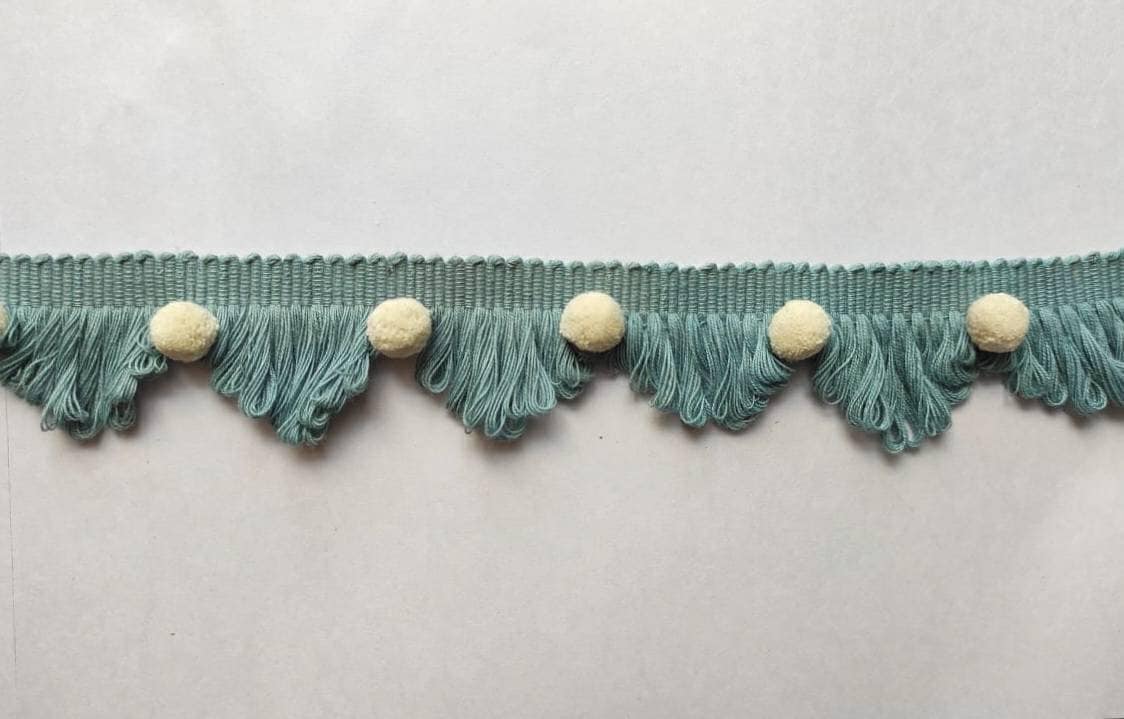 Looped fringe trim, pale blue fan edge trim, ivory pom pom trim, fan edge pom pom trim, lace trim, fur trim, trim, pom pom trim, tassel trim