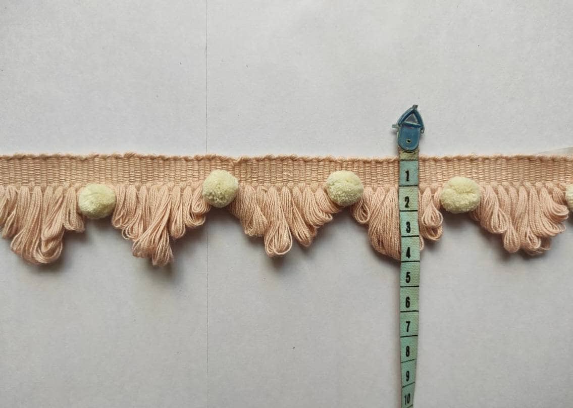 blush pink fan edge trim,pale rose fan edge trim, ivory pom poms