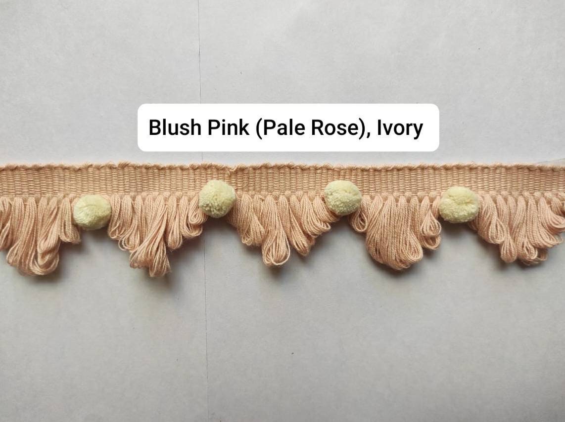 blush pink fan edge trim,pale rose fan edge trim, ivory pom poms