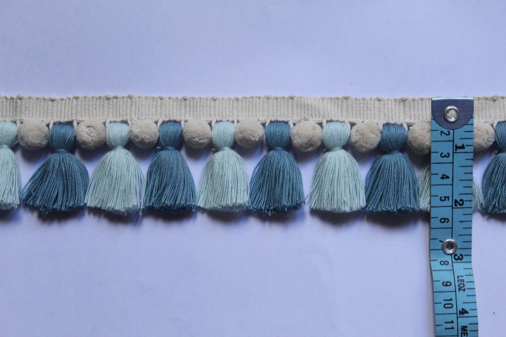 Tassel trim fringe, upholstery fringe, tassel fringe trim, tassel trim, trimming, fringe sewing trim, county blue/baby blue ivory pom poms