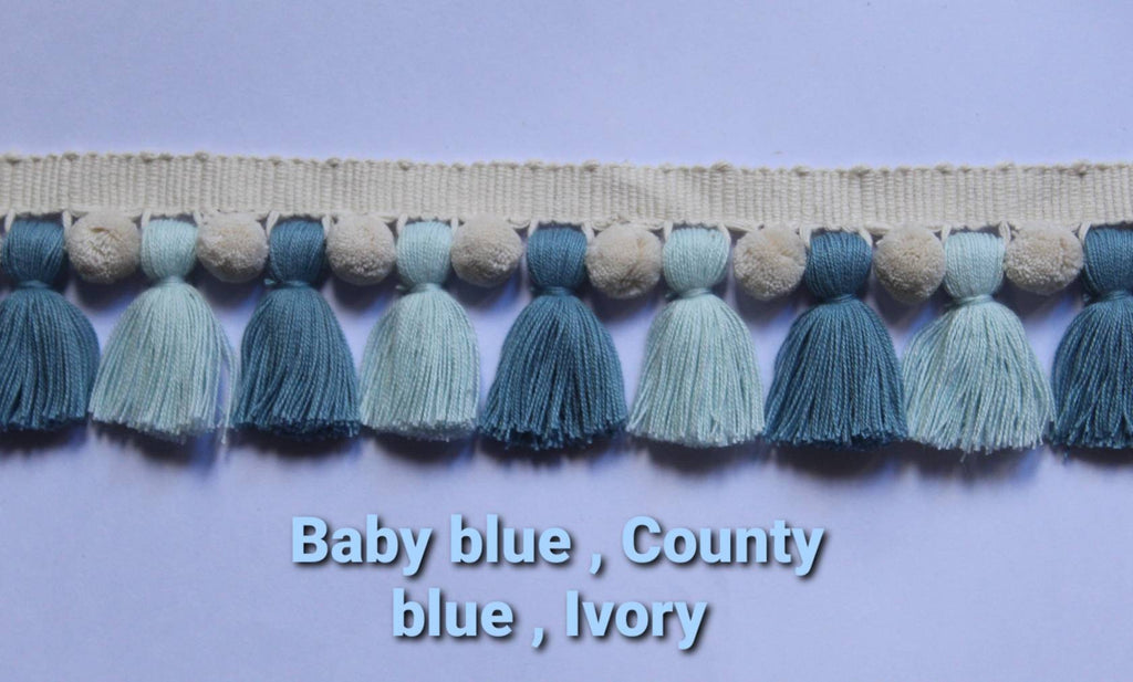 Tassel trim fringe, upholstery fringe, tassel fringe trim, tassel trim, trimming, fringe sewing trim, county blue/baby blue ivory pom poms