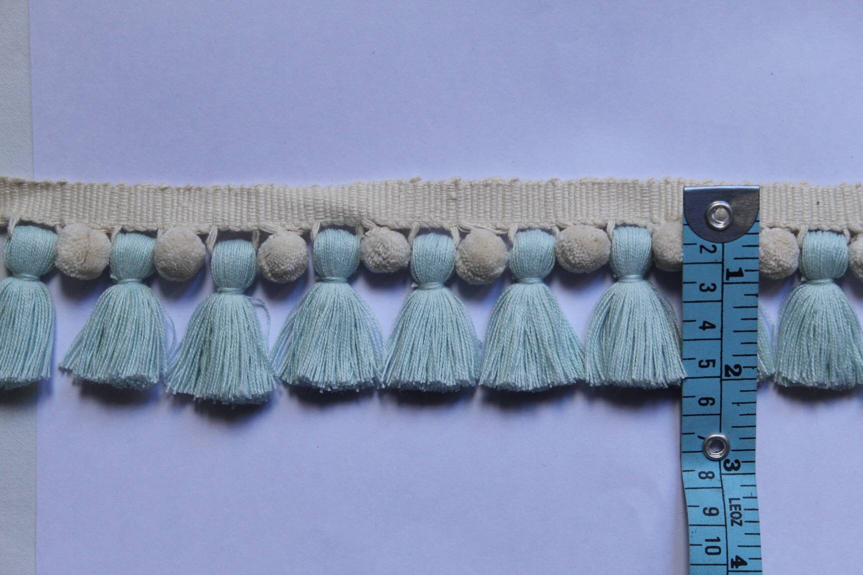 Fringe trim, baby blue ivory tassel pom poms,baby blue tassel, ivory pom poms, pom pom trim, tassel trim, tassel trim by the yard, pom poms