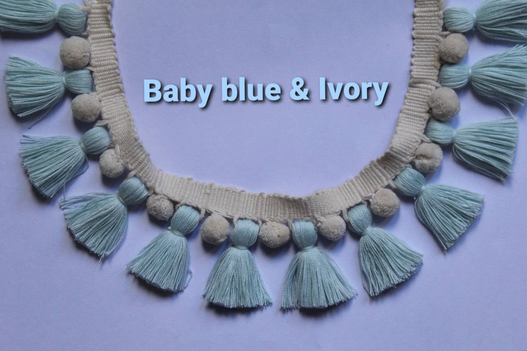Fringe trim, baby blue ivory tassel pom poms,baby blue tassel, ivory pom poms, pom pom trim, tassel trim, tassel trim by the yard, pom poms