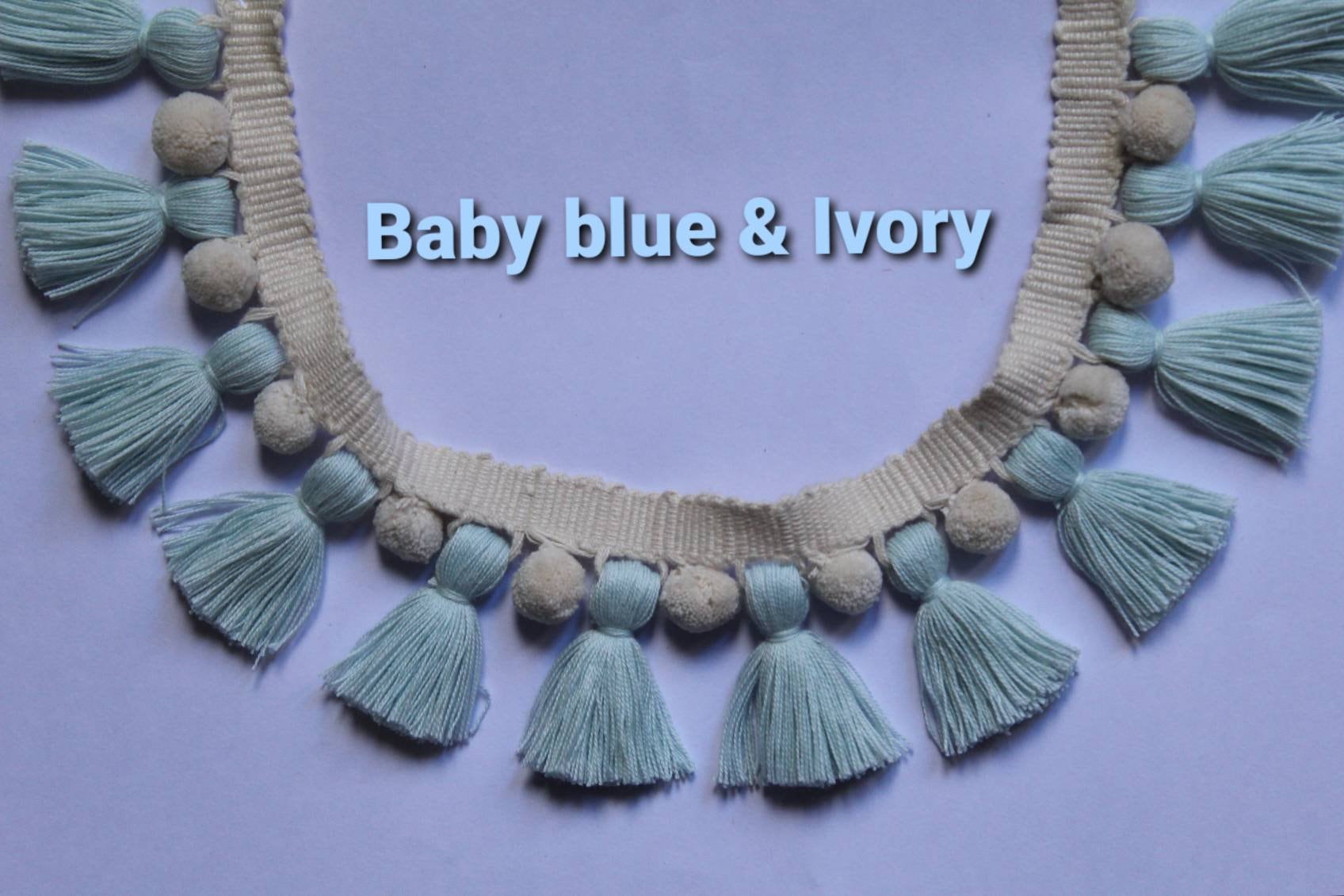 Fringe trim, baby blue ivory tassel pom poms,baby blue tassel, ivory pom poms, pom pom trim, tassel trim, tassel trim by the yard, pom poms