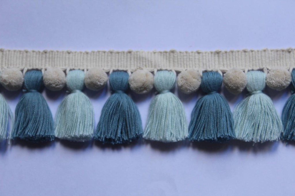 Tassel trim fringe, upholstery fringe, tassel fringe trim, tassel trim, trimming, fringe sewing trim, county blue/baby blue ivory pom poms