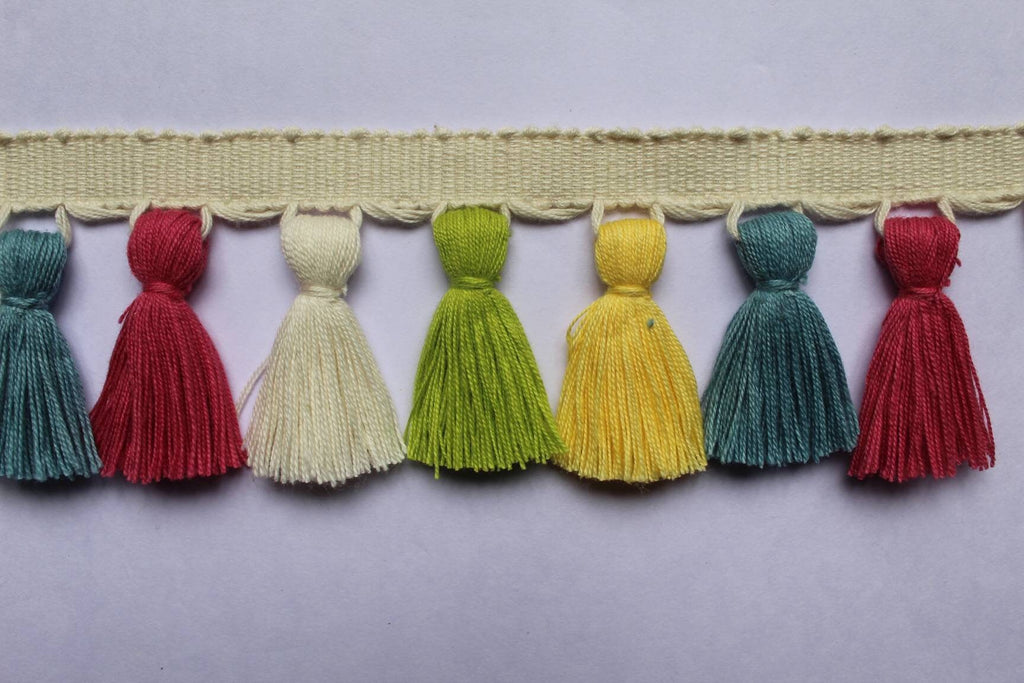 light green / yolk / county blue / cranberry / ivory tassel trim, tassel trim multi colored