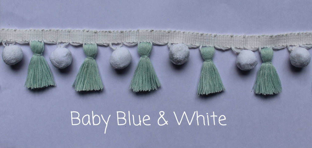 baby blue / white pom pom tassel