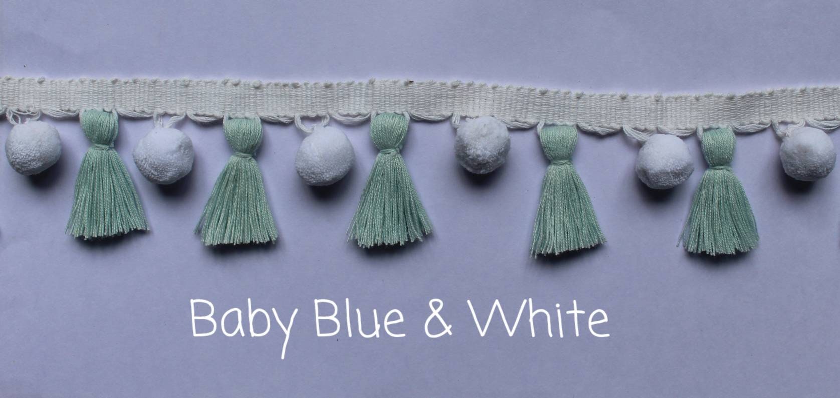 baby blue / white pom pom tassel