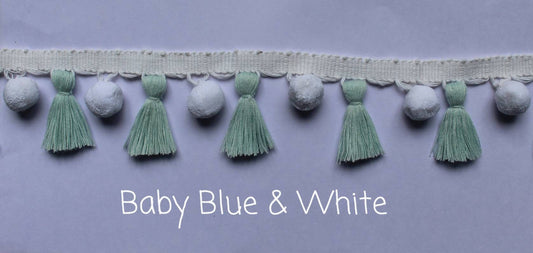 baby blue / white pom pom tassel