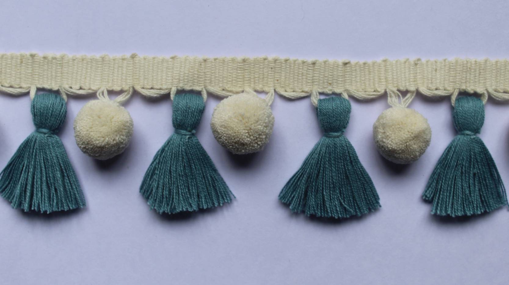 pale blue/county blue ivory pom pom tassel, tassel trim, pom pom trim