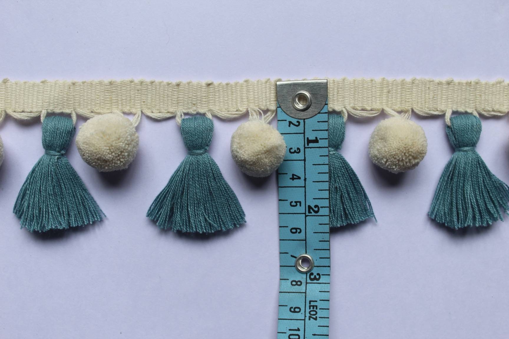 pale blue/county blue ivory pom pom tassel, tassel trim, pom pom trim