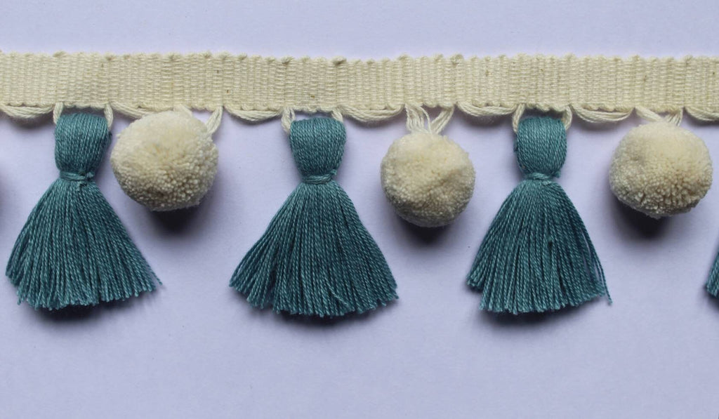 pale blue/county blue ivory pom pom tassel, tassel trim, pom pom trim