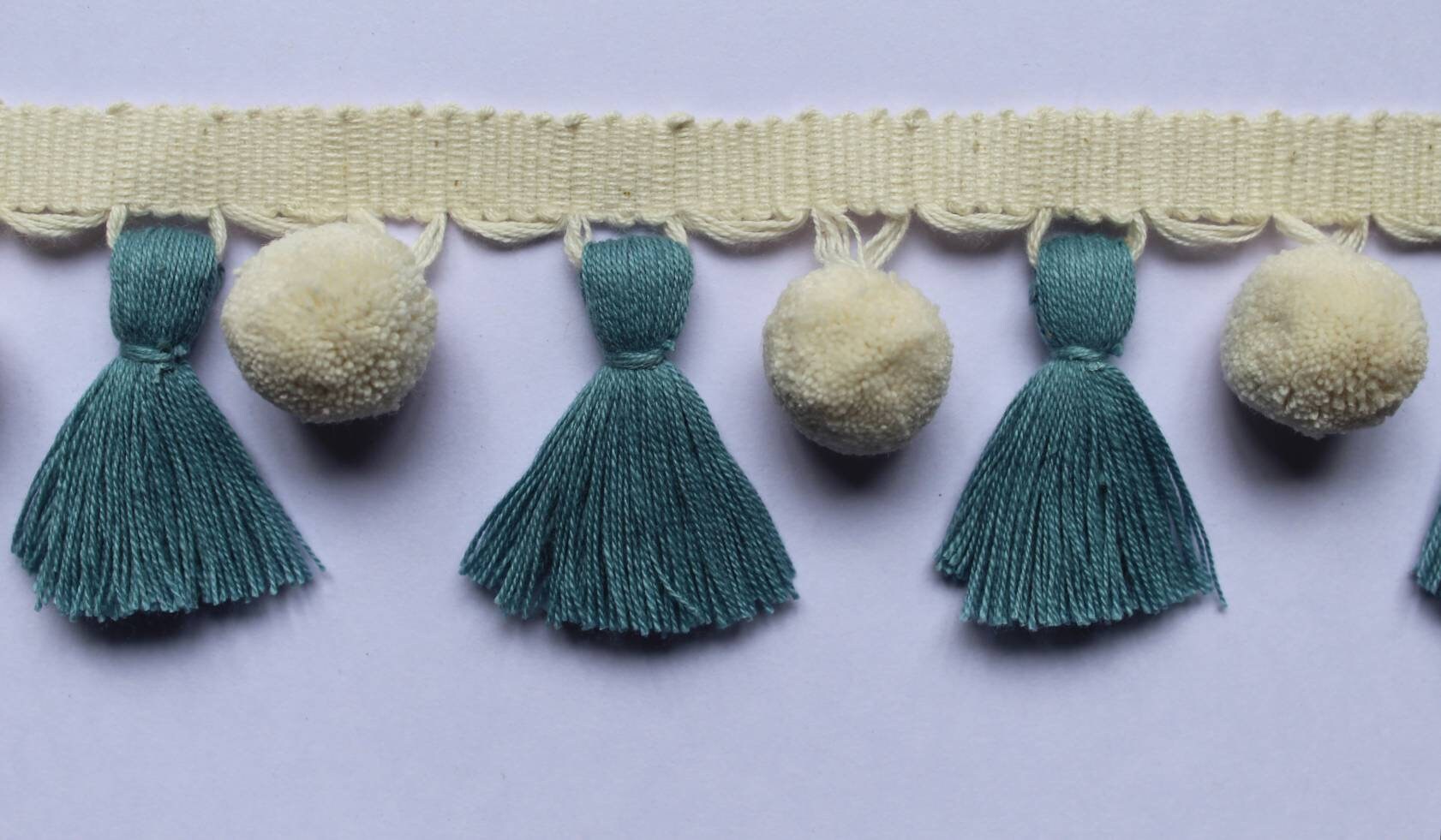 pale blue/county blue ivory pom pom tassel, tassel trim, pom pom trim