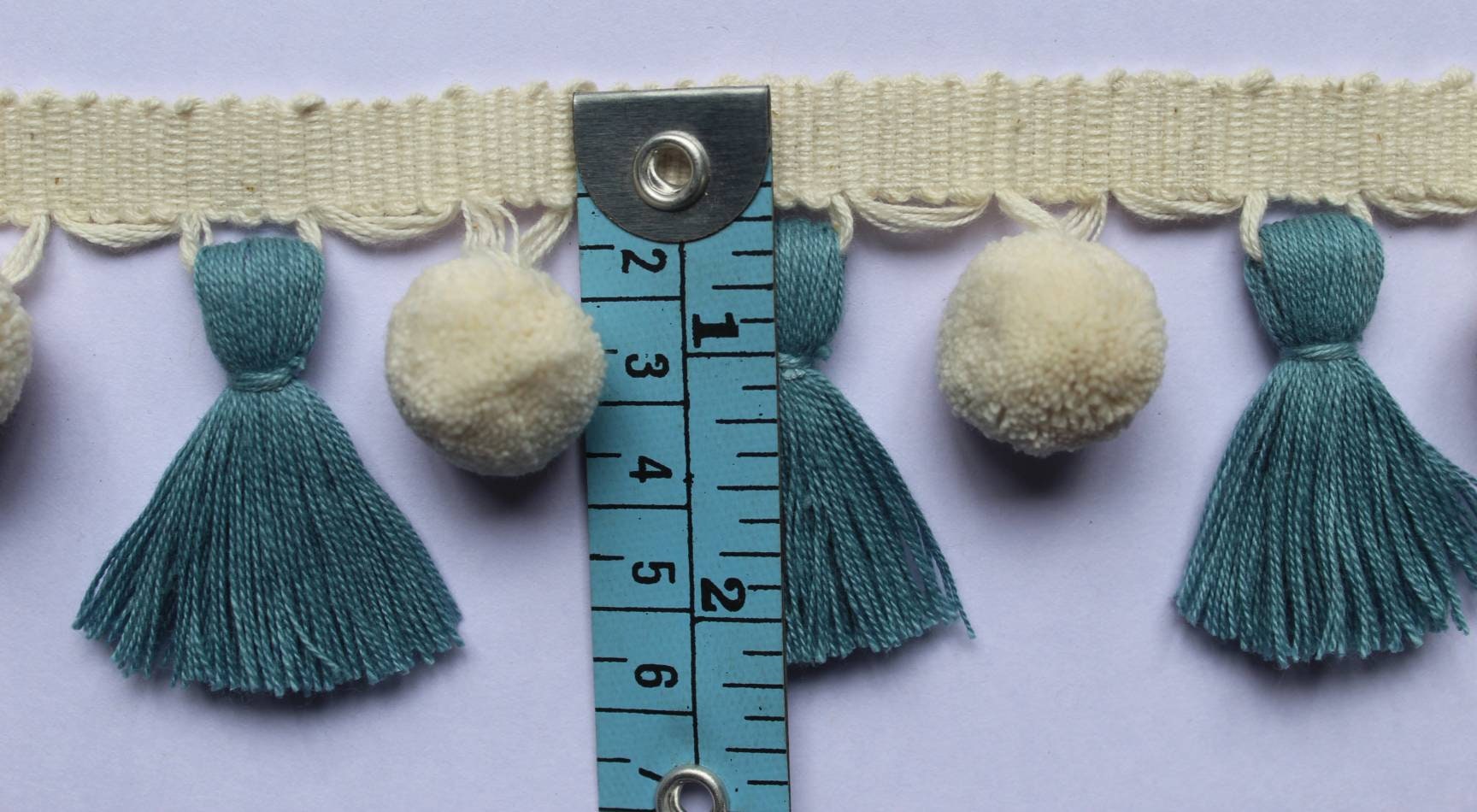 pale blue/county blue ivory pom pom tassel, tassel trim, pom pom trim