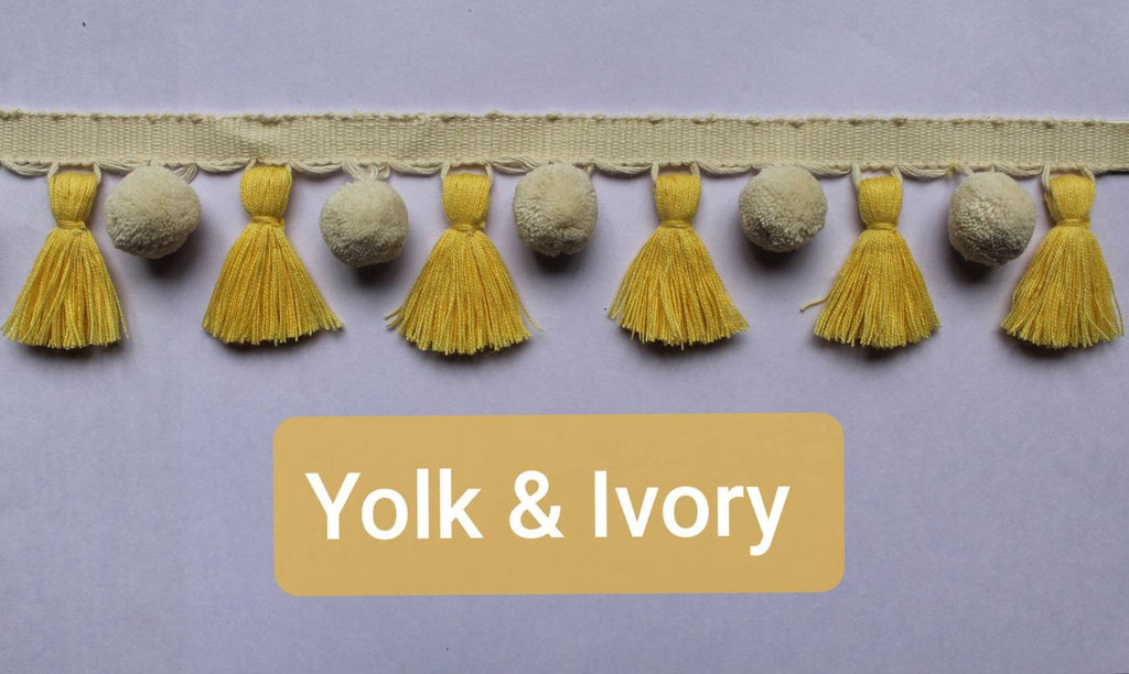 yolk/ivory tassel pom poms, yolk tassel, ivory pom poms, tassel trim, tassel trim by the yard, fringe trim, tassel trim fringe, tassel fring