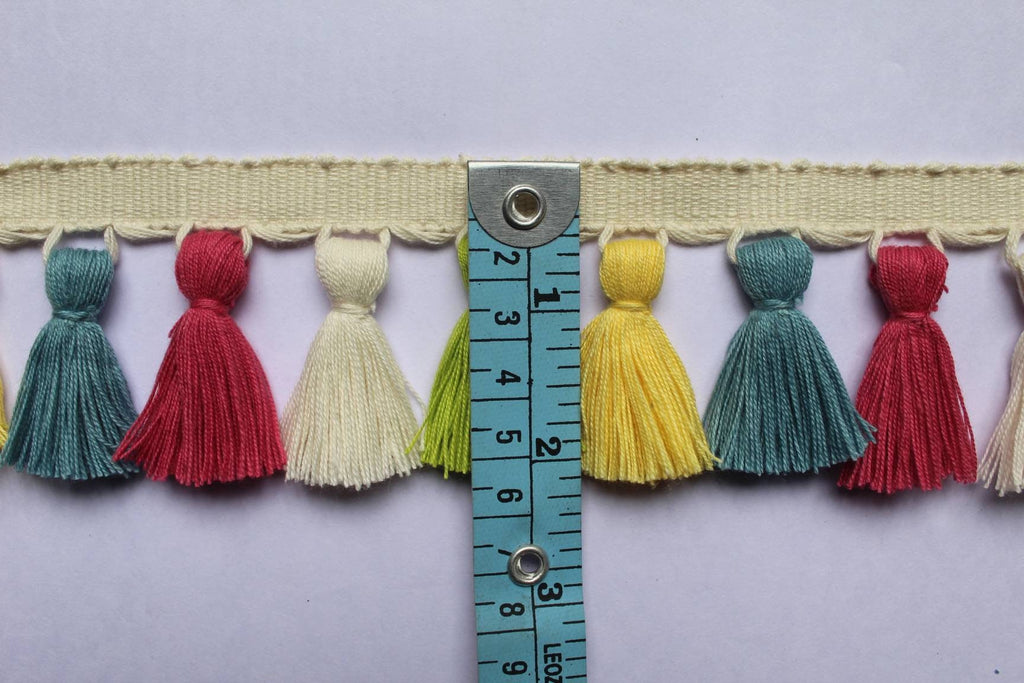 light green / yolk / county blue / cranberry / ivory tassel trim, tassel trim multi colored