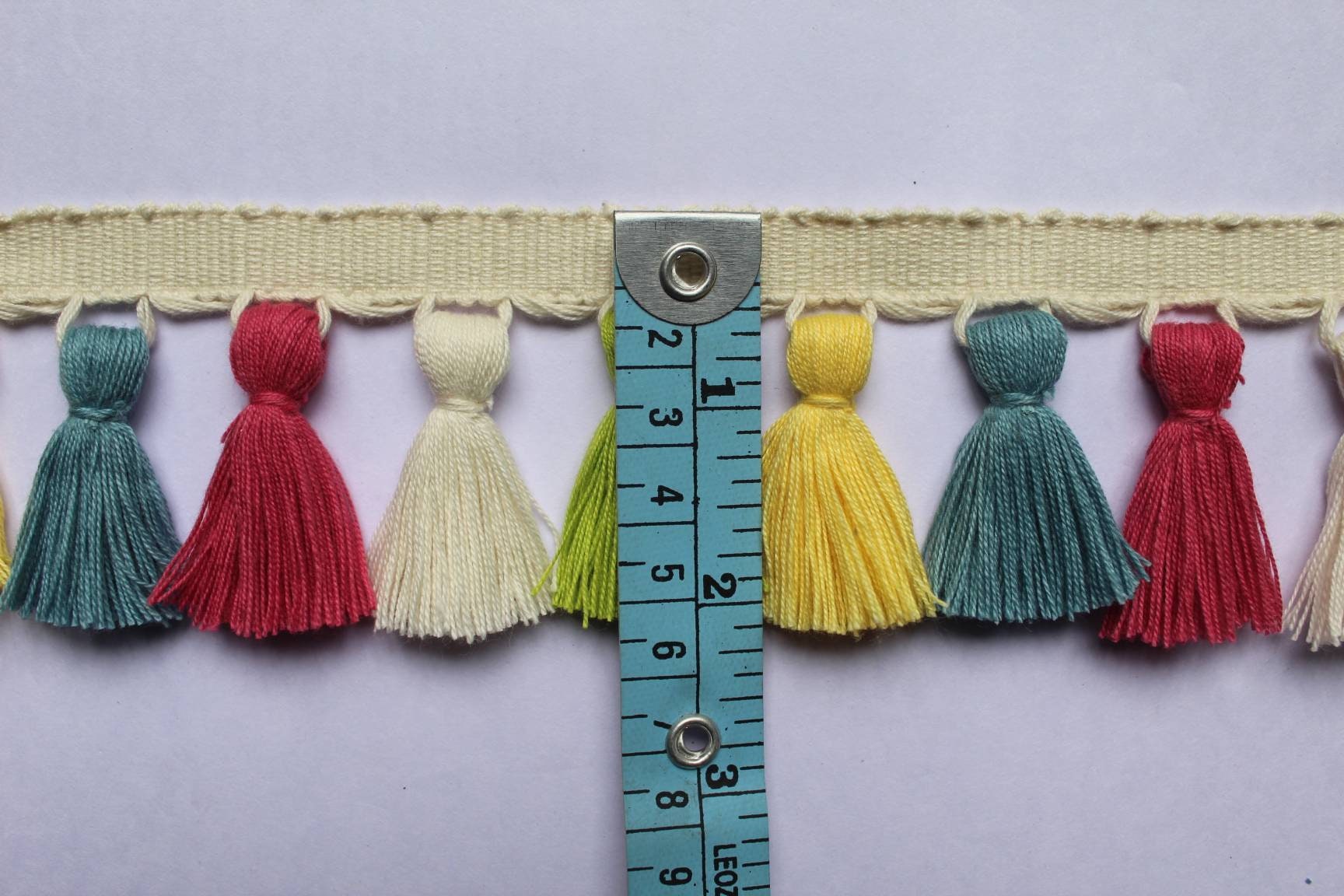 light green / yolk / county blue / cranberry / ivory tassel trim, tassel trim multi colored