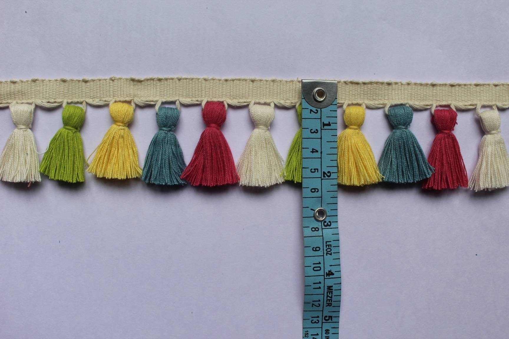 light green / yolk / county blue / cranberry / ivory tassel trim, tassel trim multi colored