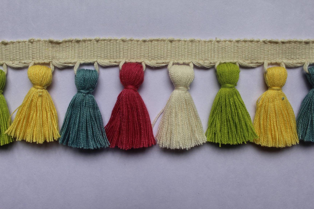 light green / yolk / county blue / cranberry / ivory tassel trim, tassel trim multi colored