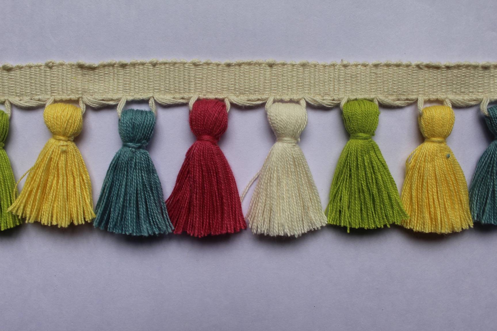 light green / yolk / county blue / cranberry / ivory tassel trim, tassel trim multi colored
