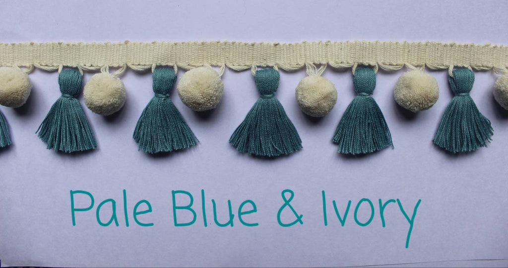 pale blue/county blue ivory pom pom tassel, tassel trim, pom pom trim