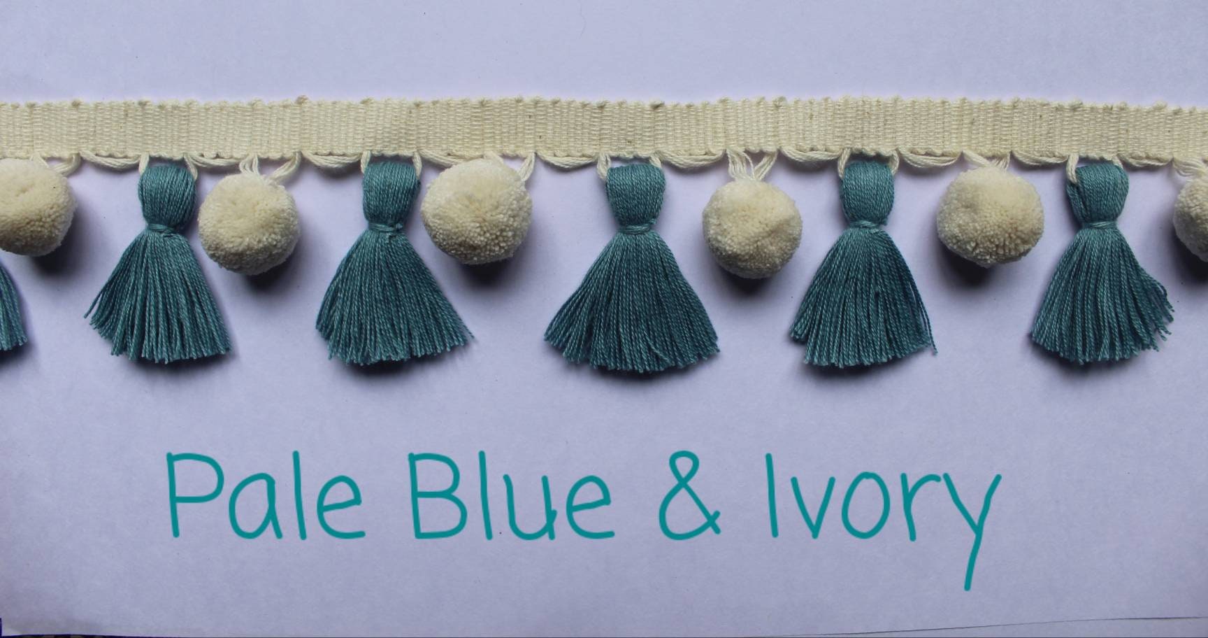 pale blue/county blue ivory pom pom tassel, tassel trim, pom pom trim
