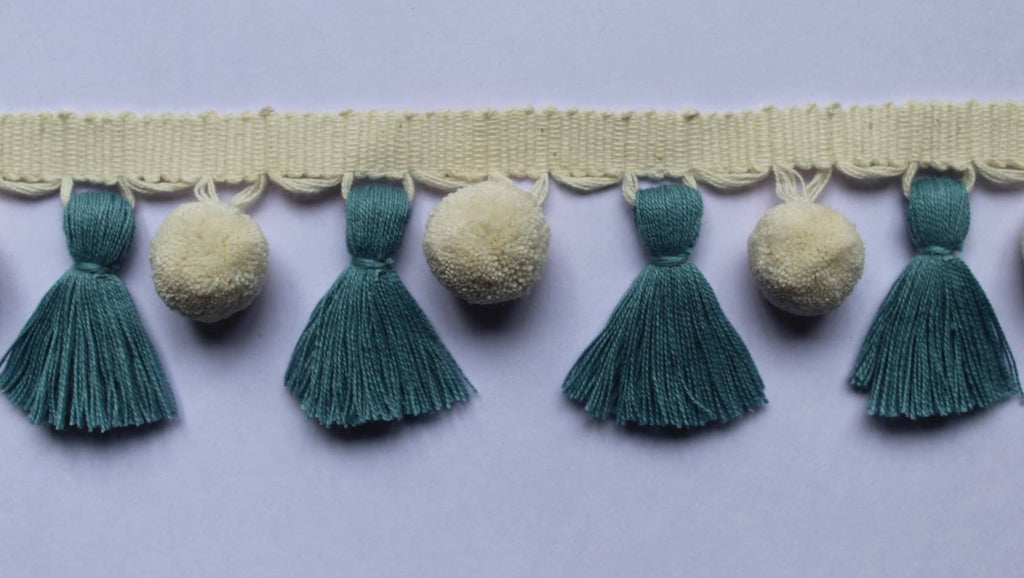 pale blue/county blue ivory pom pom tassel, tassel trim, pom pom trim