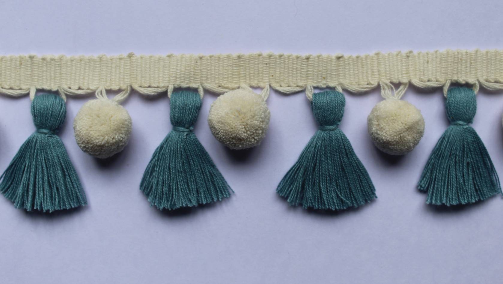 pale blue/county blue ivory pom pom tassel, tassel trim, pom pom trim