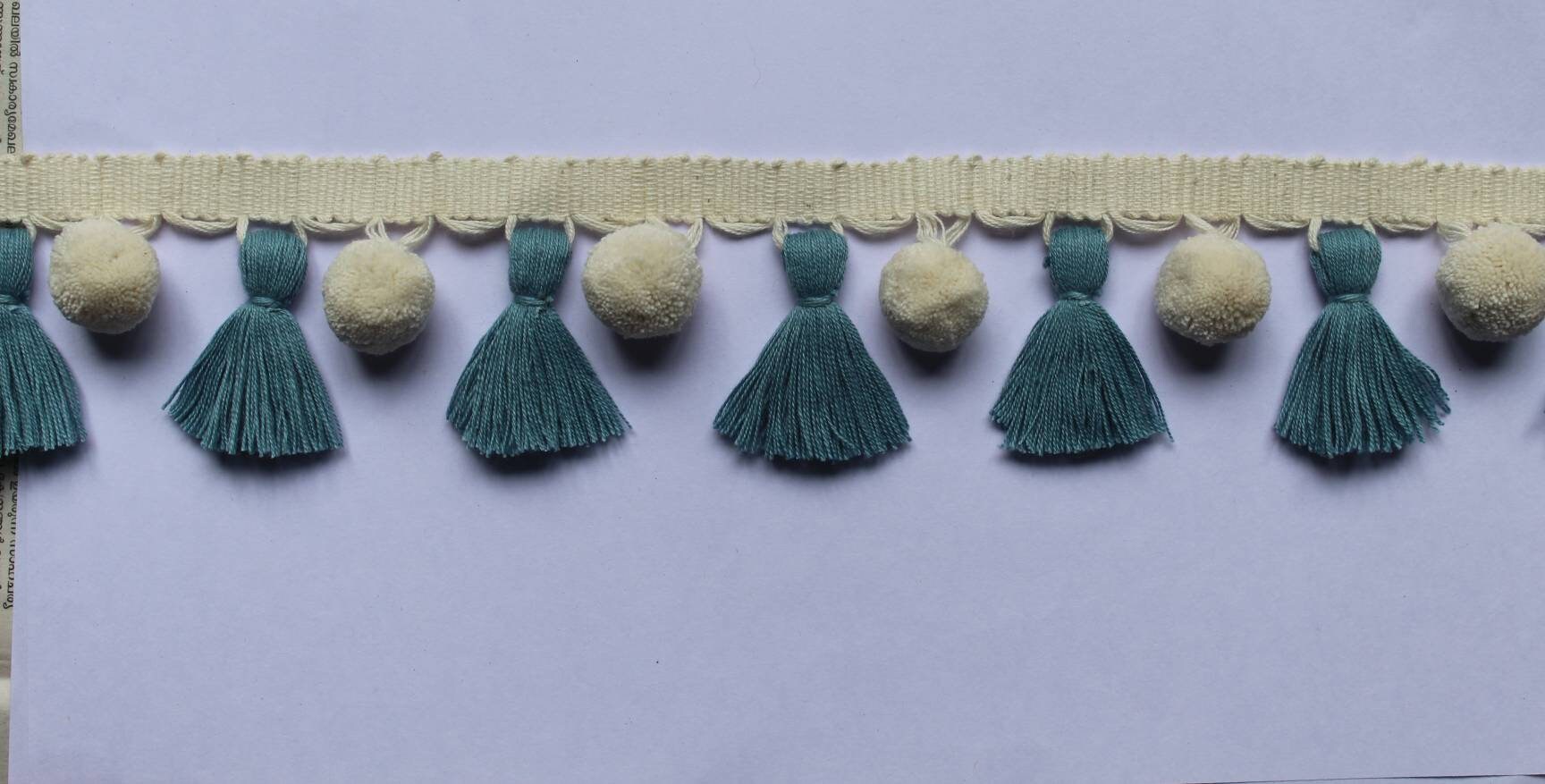 pale blue/county blue ivory pom pom tassel, tassel trim, pom pom trim