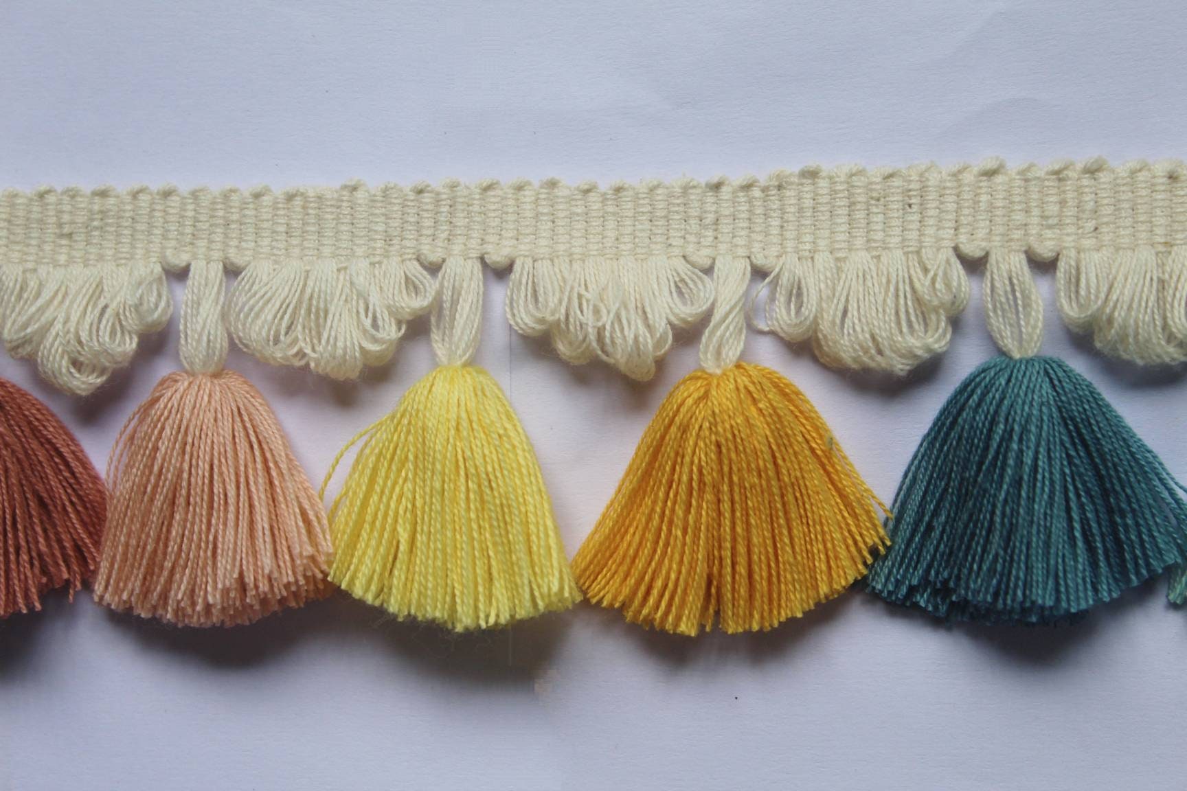 tassel trim by the yard, tassel fringe trim, multi colored tassel fan edge trim, fan edge trim, tassel trim, cotton trim, tassel fringe
