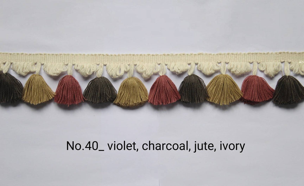 tassel trim by the yard, tassel fringe trim, multi colored tassel fan edge trim, violet, jute, charcoal, ivory tassel trim, tassel trim,
