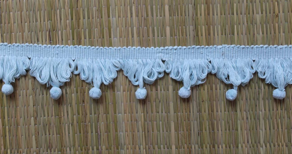 Baby blue pom pom fan edge trim, cotton fan edge trim, pom pom trim, fan edge trim, fringe trim, pom pom trim fringe, decorative items trims