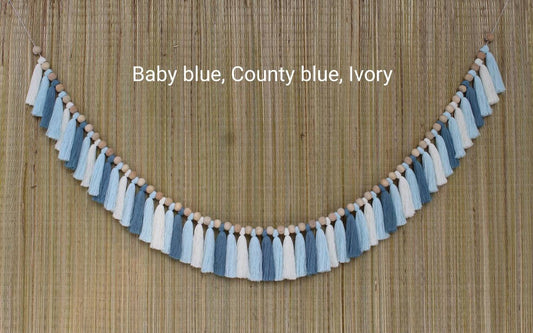 Baby blue county blue ivory tassel garland, garland, tassel garland, nursery garland, party garland, wall hangings, tassel bunting