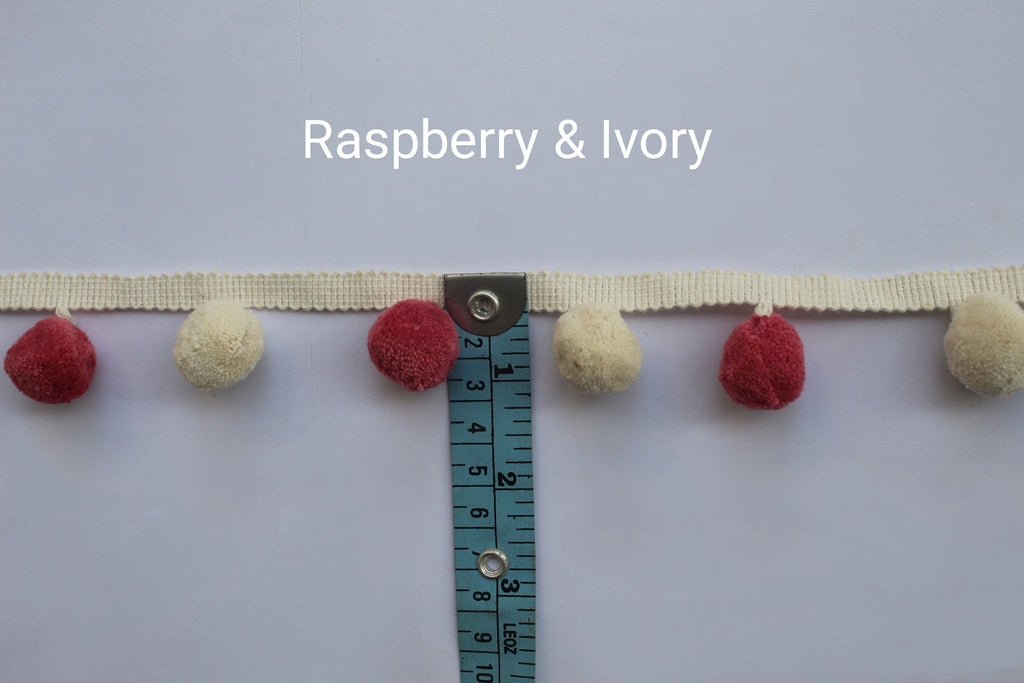 Pom pom trim, pom pom fringe trim, raspberry pom pom, ivory pom pom trim, decorative trims by the yard, nursery decoration, fringe trim